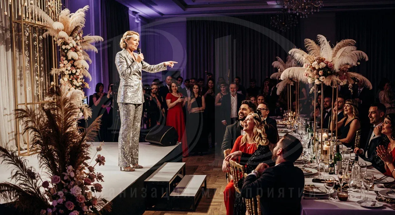 Ведущий на вечеринку: женщина в образе под концепцию корпоратива