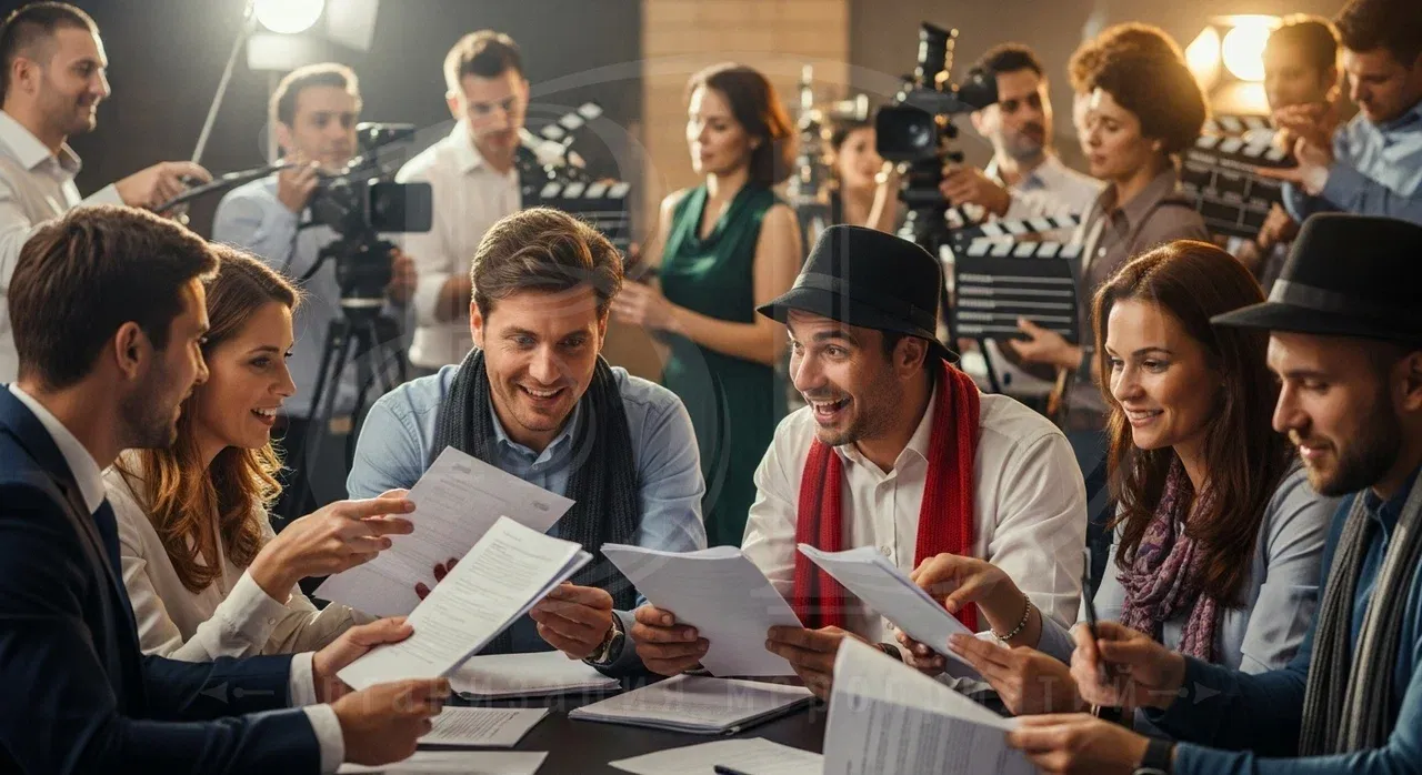 Корпоратив киногероев: гости мероприятия увлечённо изучают сценарий своего фильма