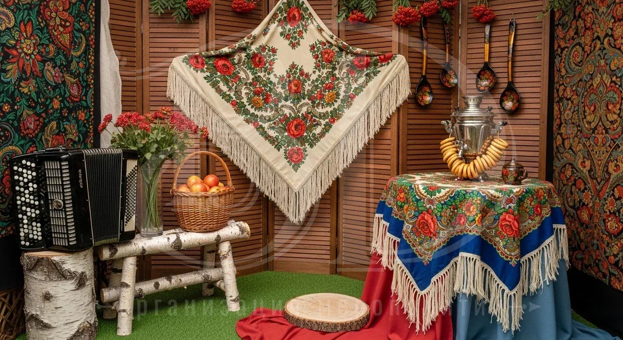 Павловопосадские платки в оформлении фотозоны для корпоратива по-русски