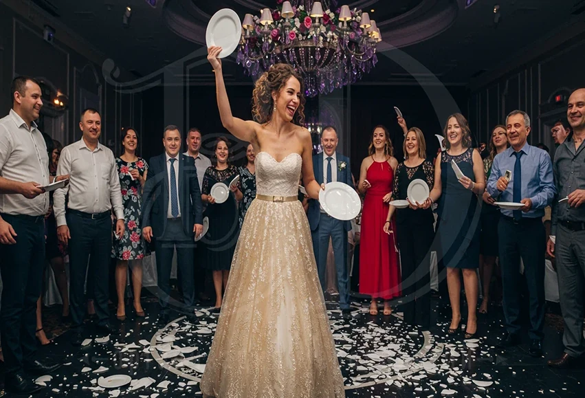 Греческие танцы с битьём тарелок в качестве сюрприза гостям мероприятия