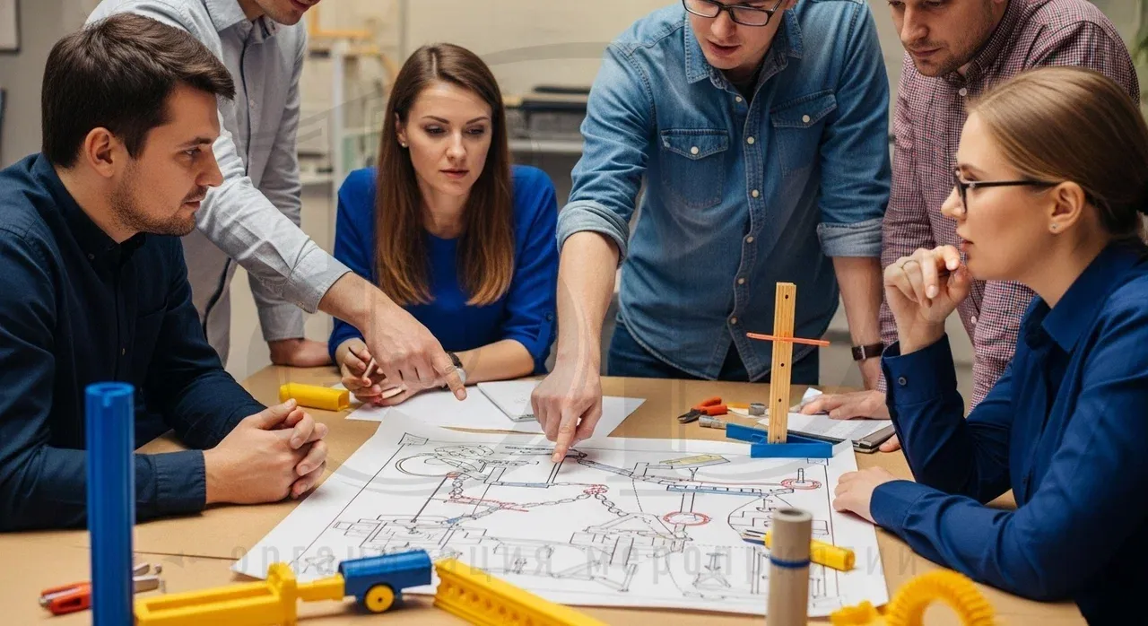 Участники тимбилдинга разбирают схему фрагментов конструкции Машины Голдберга